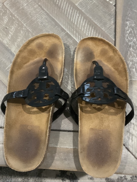 Tory Burch Shoes - Tory Burch Black Logo Thong Sandals with Tan Footbed